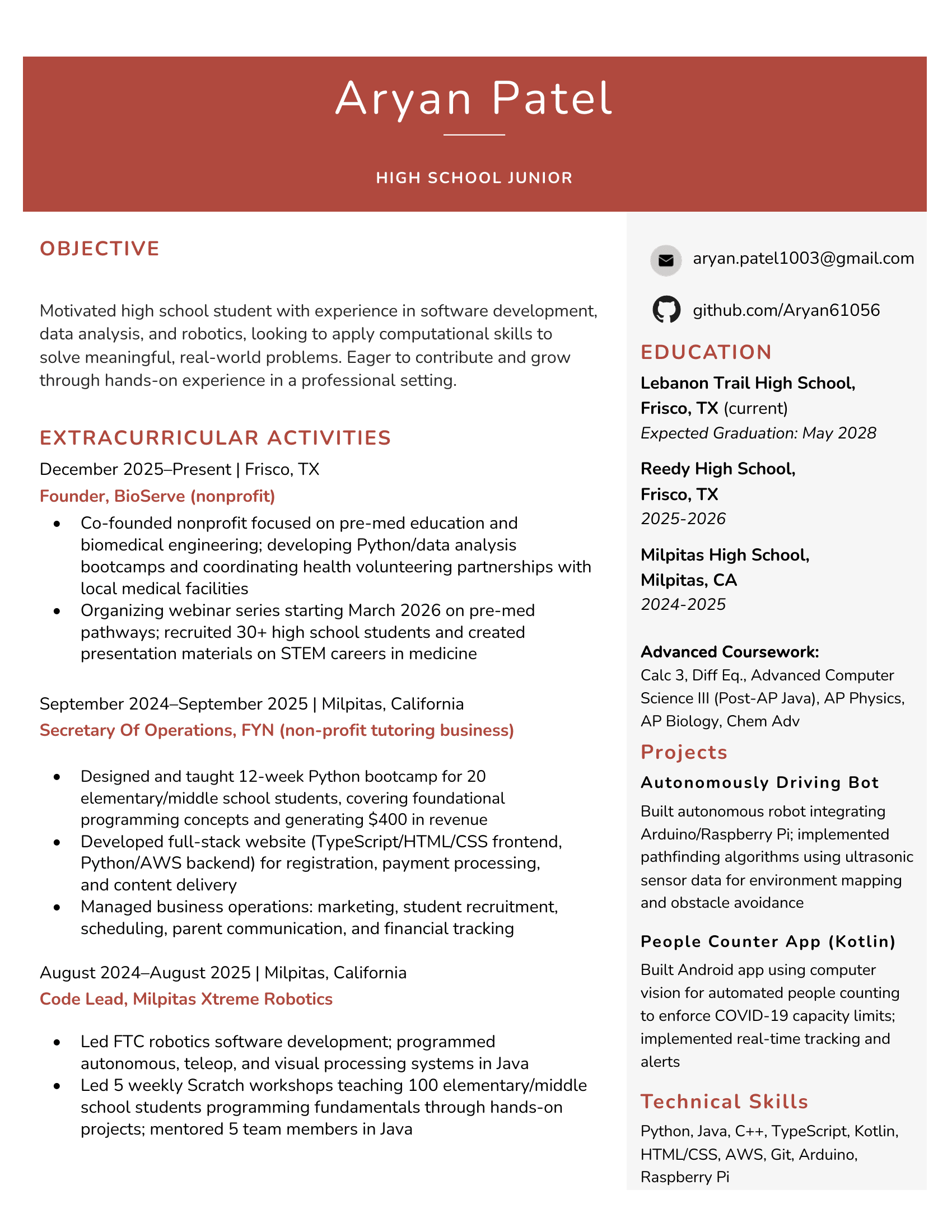 Aryan Patel's résumé
